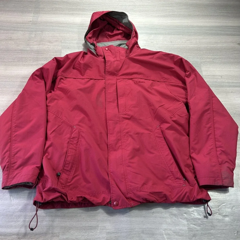 L.L. Bean Jacket‎ Mens Large Red Hooded 3-in-1 Nylon Fleece Lined Winter Outdoor